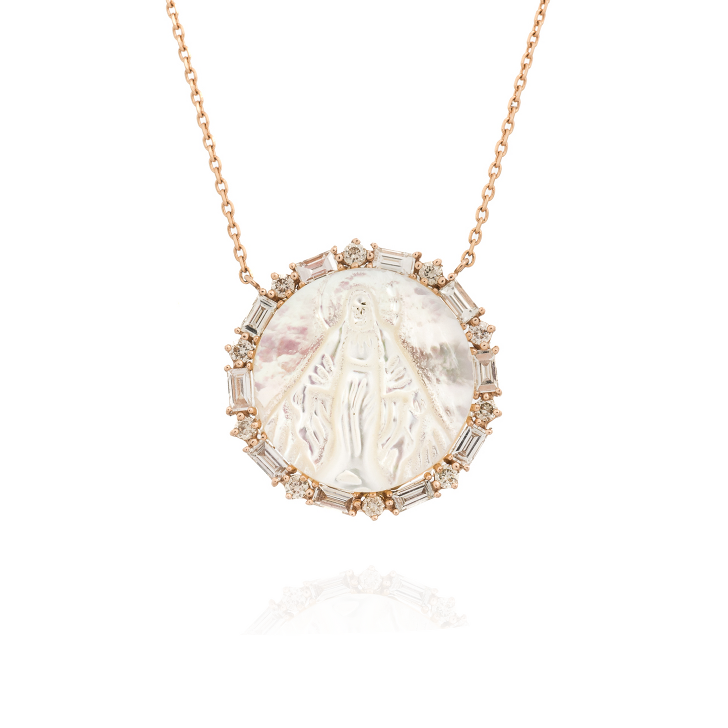 18KT Rose Gold Virgin Medal Moder of Pearl with Diamonds