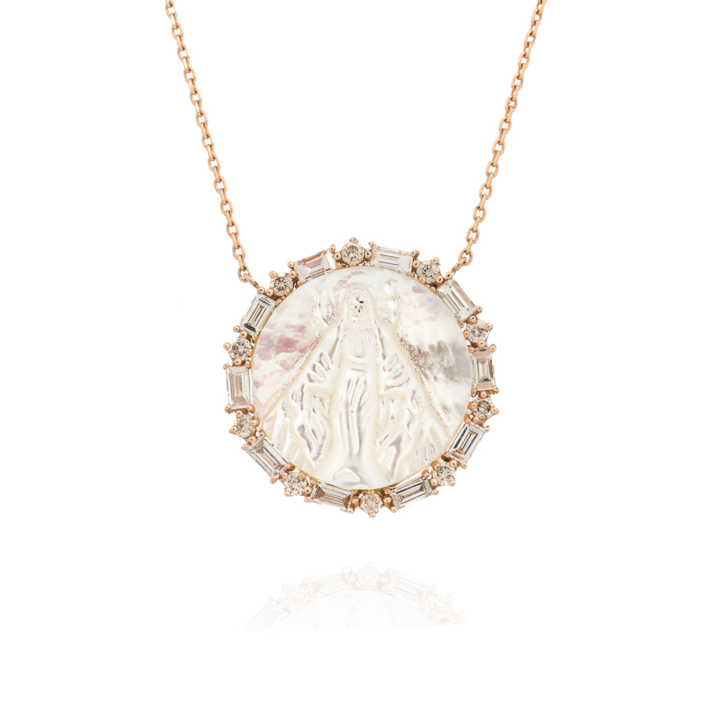 18KT Rose Gold Virgen Medal Moder of Pearl with Diamonds