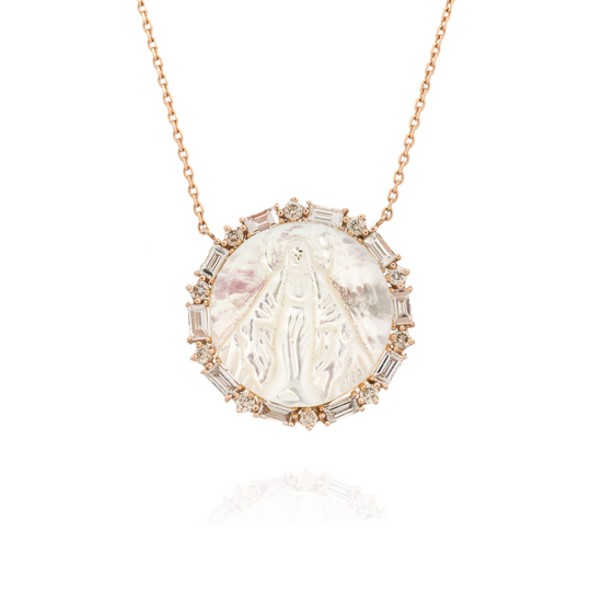 18KT Rose Gold Virgin Medal Moder of Pearl with Diamonds