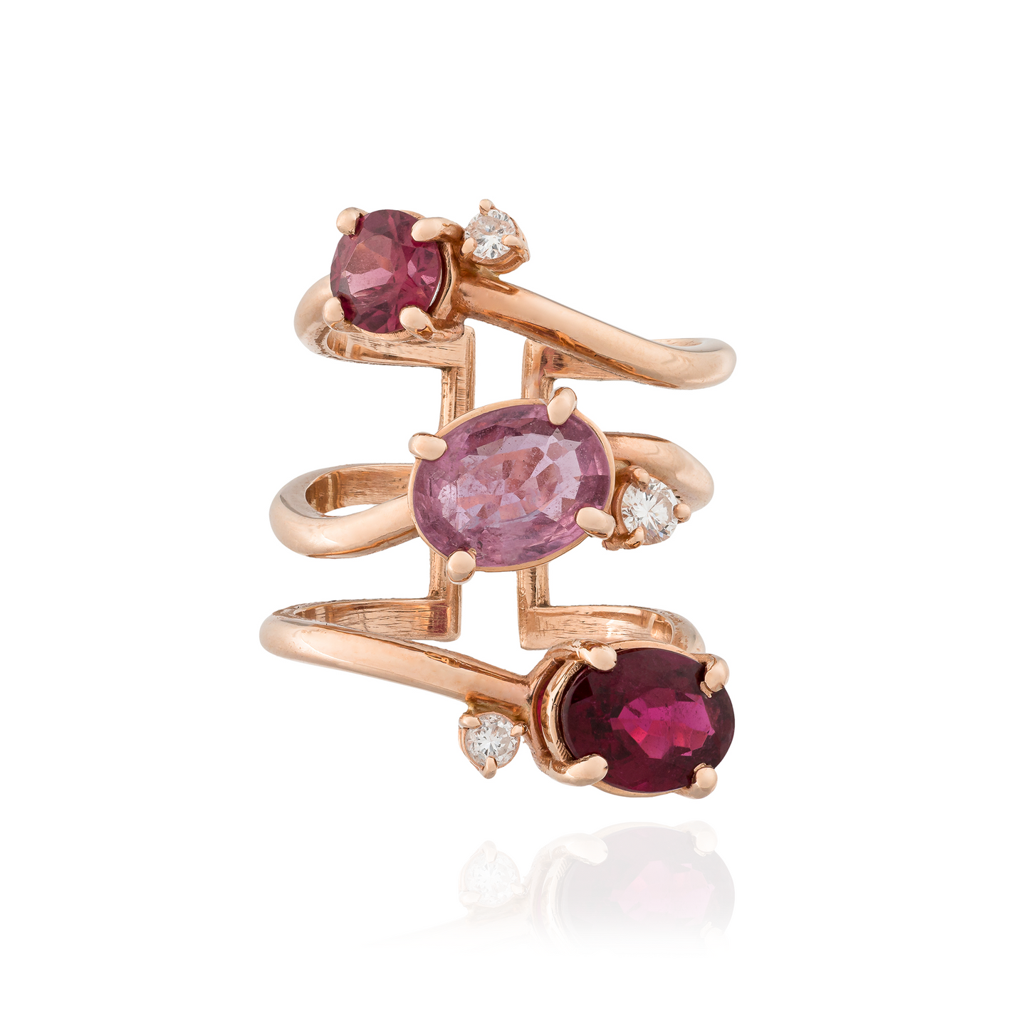 Waterfall 14KT Rose gold Ring with Rodolite, Rubellite, Pink Sapphire and Diamond