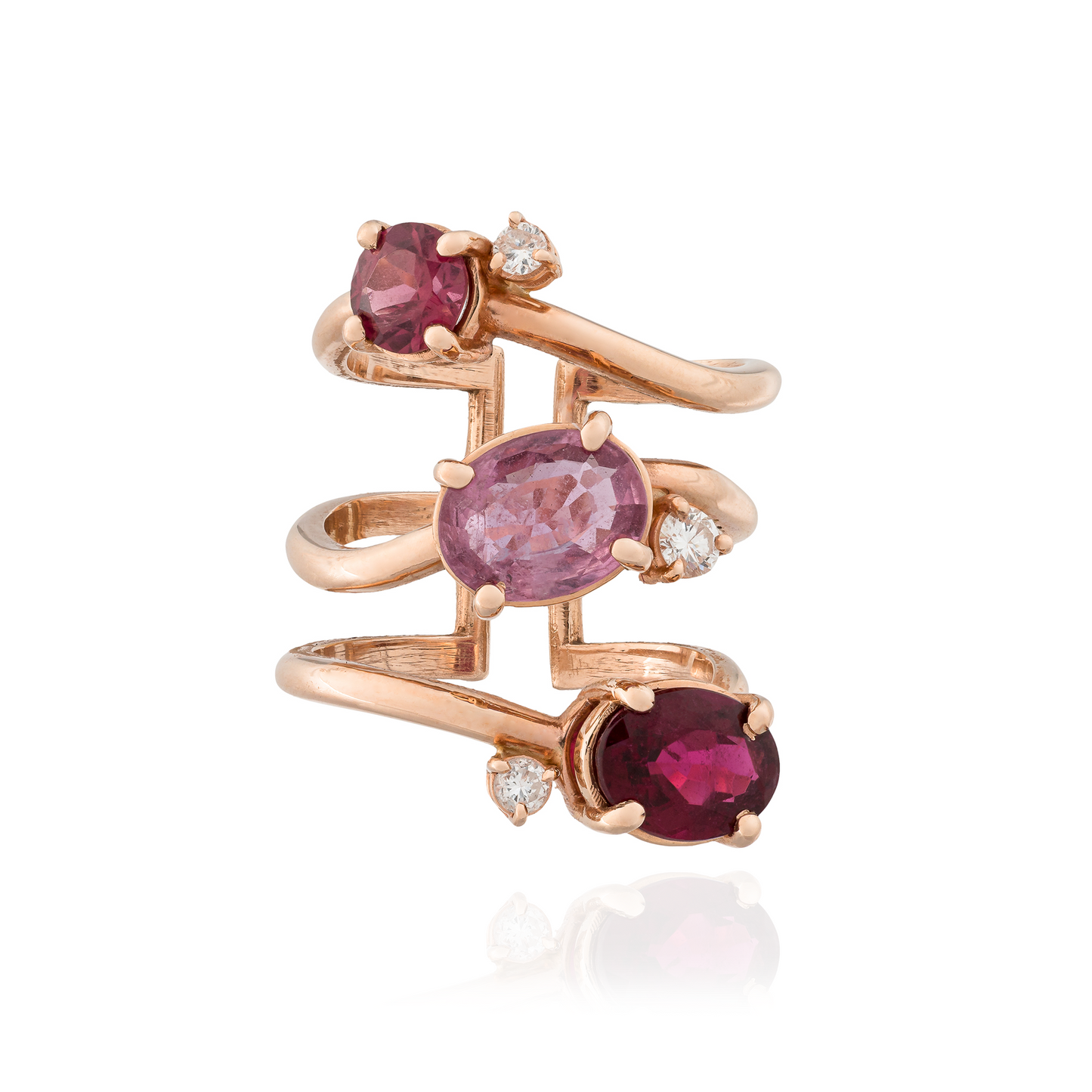 14KT Rose gold Ring with Rodolite, Rubellite, Pink Sapphire and Diamond