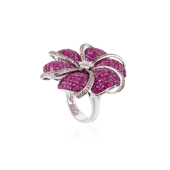 18K White Gold Ring with Invisible Setting Ruby Flower