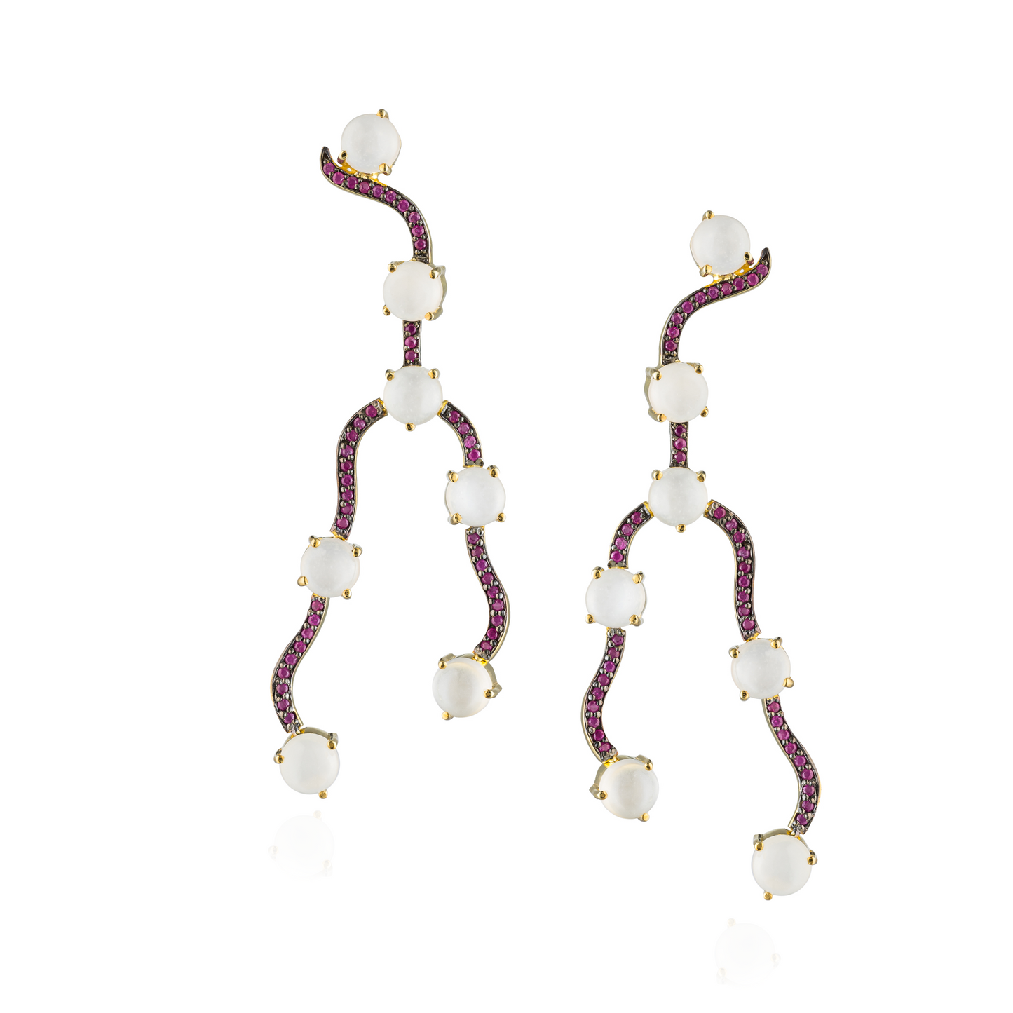 925 Silver Earrings with Moonstones & Rubies