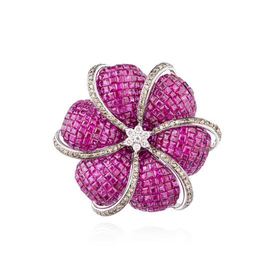 18K White Gold Ring with Invisible Setting Ruby Flower