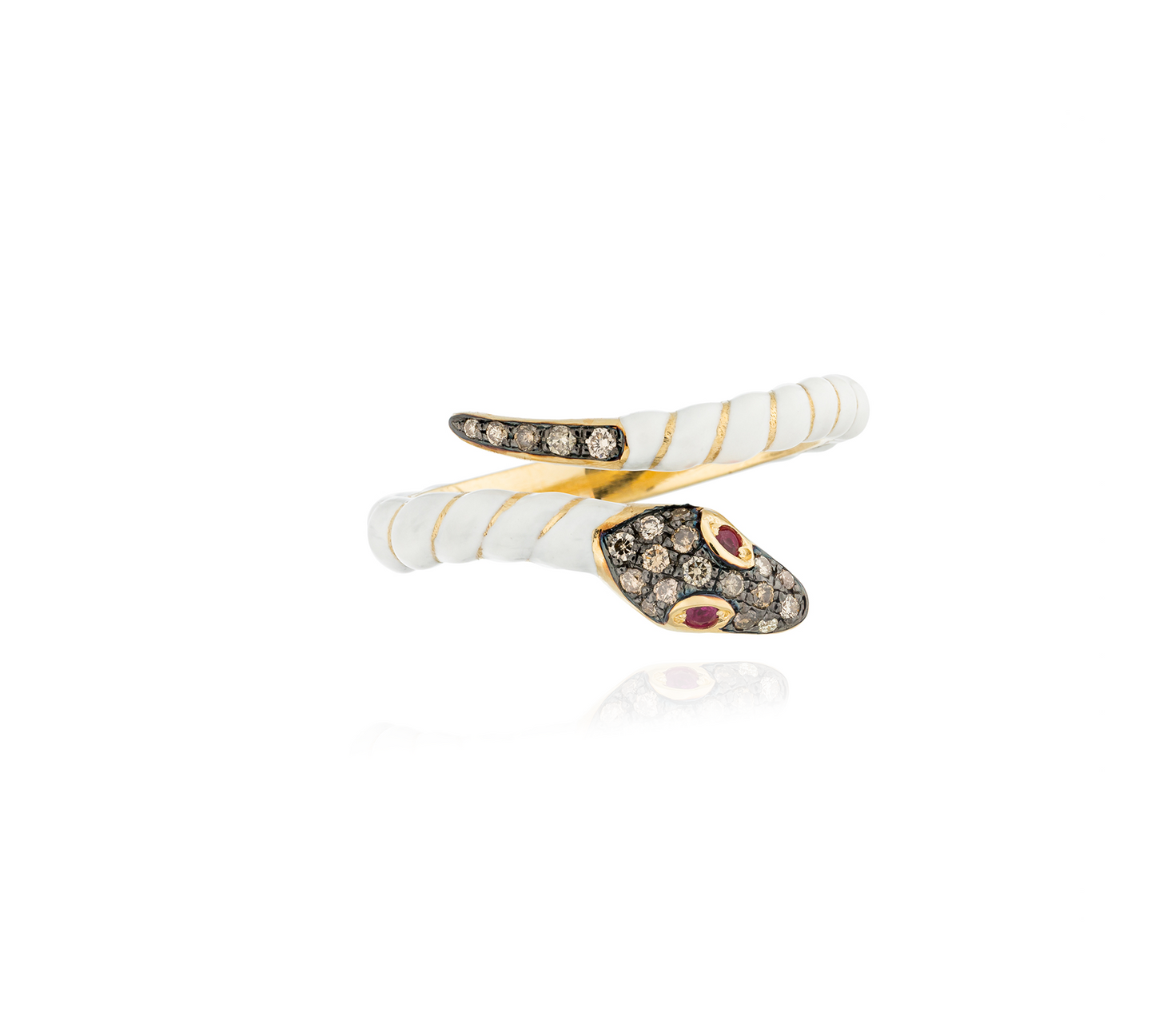 18KT Yellow Gold Ring with White Enamel , Ruby and Diamond
