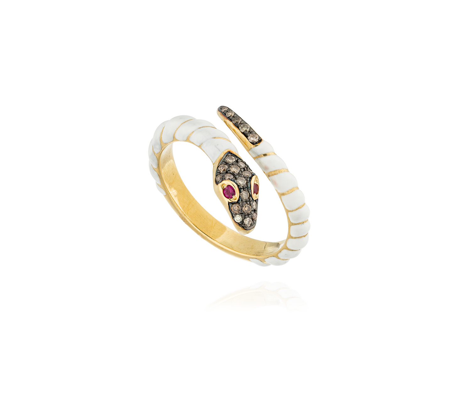 18KT Yellow Gold Ring with White Enamel , Ruby and Diamond