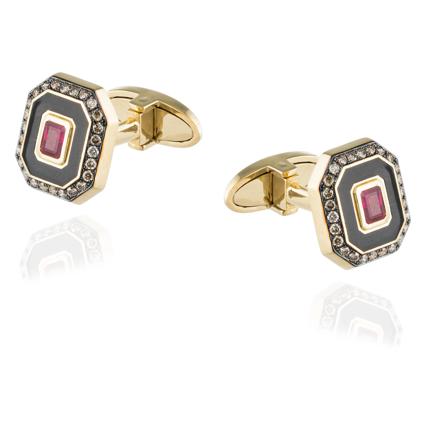 18KT Yellow Gold Cufflinks with Enamel, Diamonds and Ruby