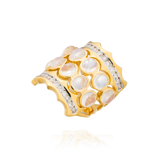 Iconic Wave 18K Yellow Gold Ring with Moonstone Cabochons & White Diamonds