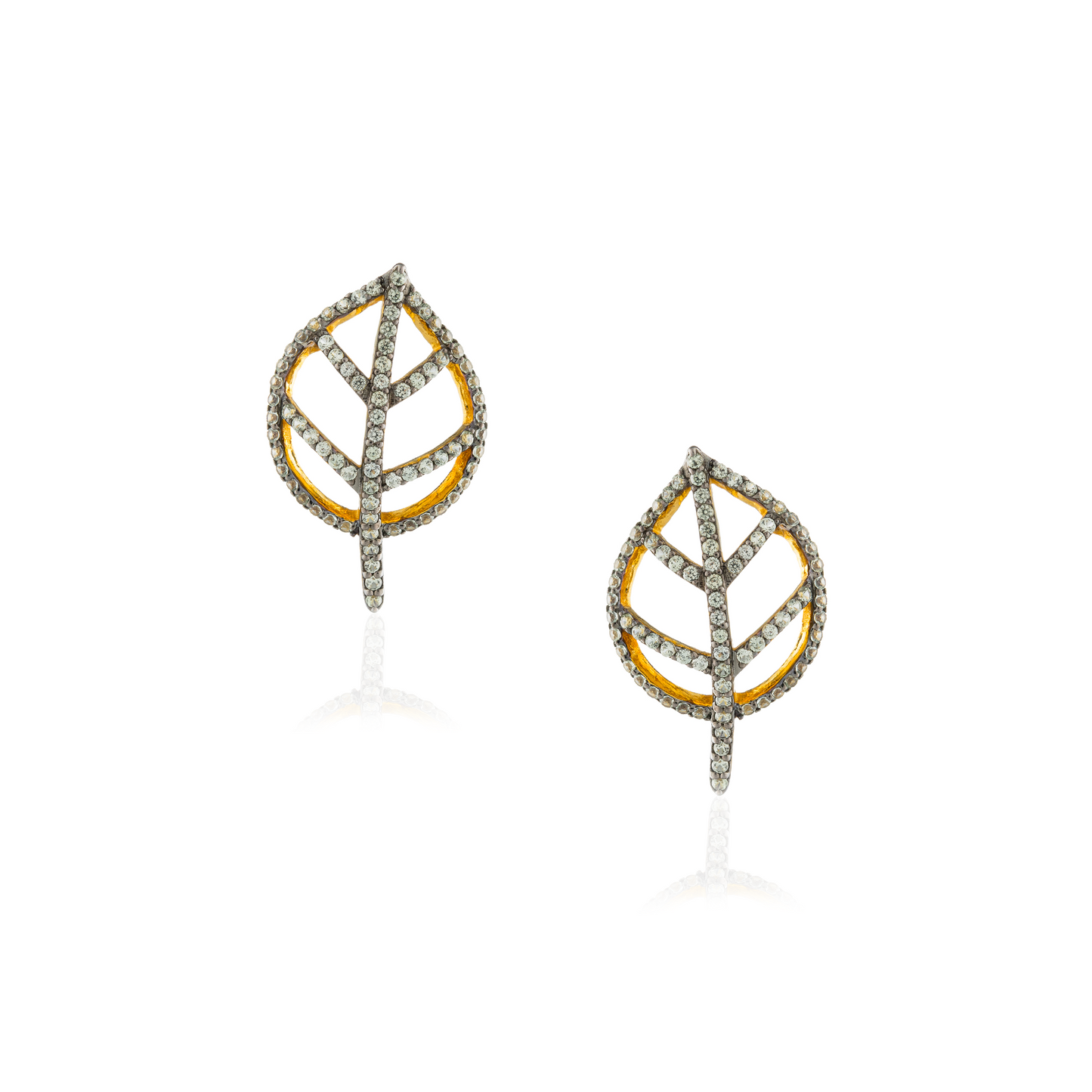 925 Silver Leaf Earrings plated in 18k Yellow Gold with  Green Sapphire