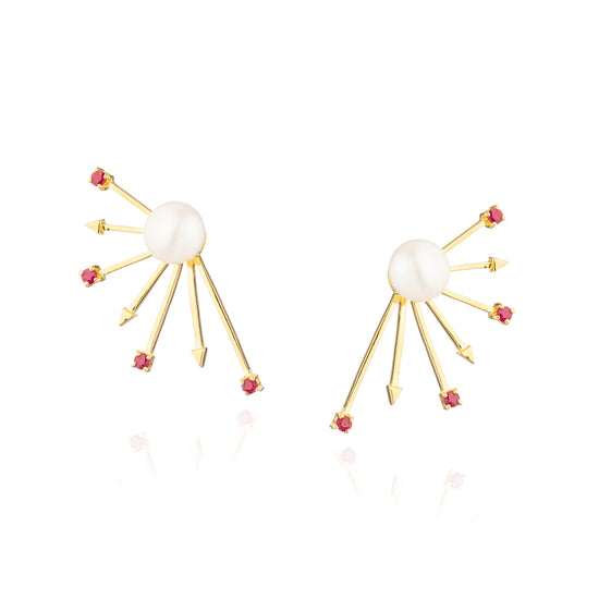 925 Silver Earrings Plated in Gold with Freshwater Pearls & Rubies