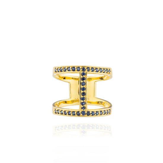Edge Pavé 925 Silver Ring 18KT Yellow Plated with Blue Sapphire