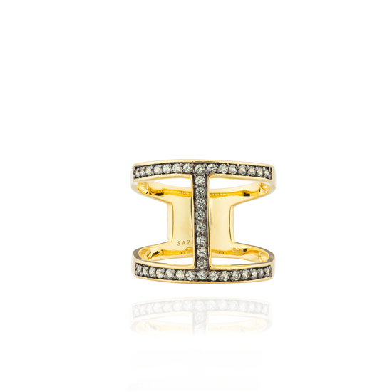Load image into Gallery viewer, Edge Pavé 925 Silver Ring 18KT Yellow Plated with Green Sapphire
