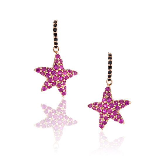 925 Silver Starfish Sapphire Earrings with Black Spinel Pave and Ruby Pave