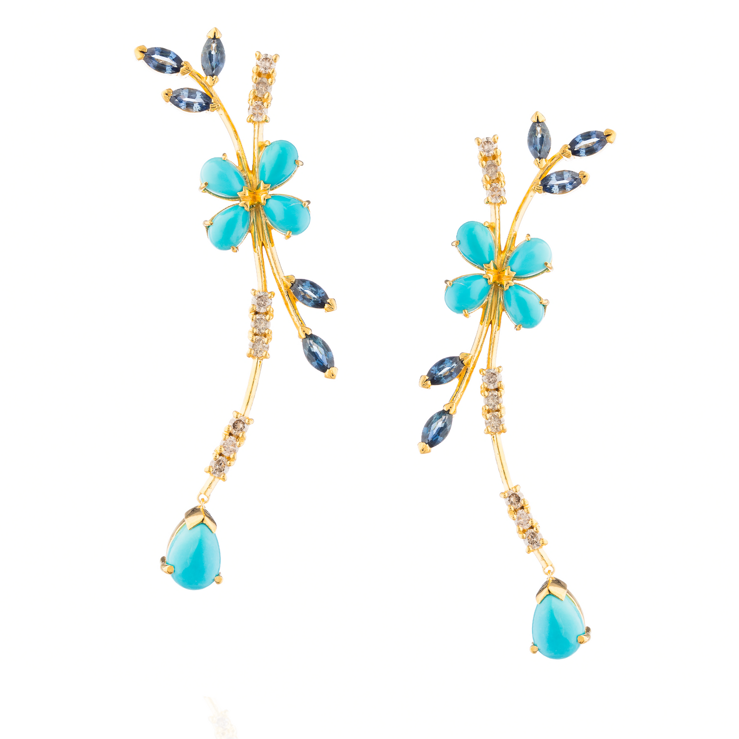 Load image into Gallery viewer, 925 Silver Earrings with Turquoise Cabouchon, Brown Diamond , Sapphire
