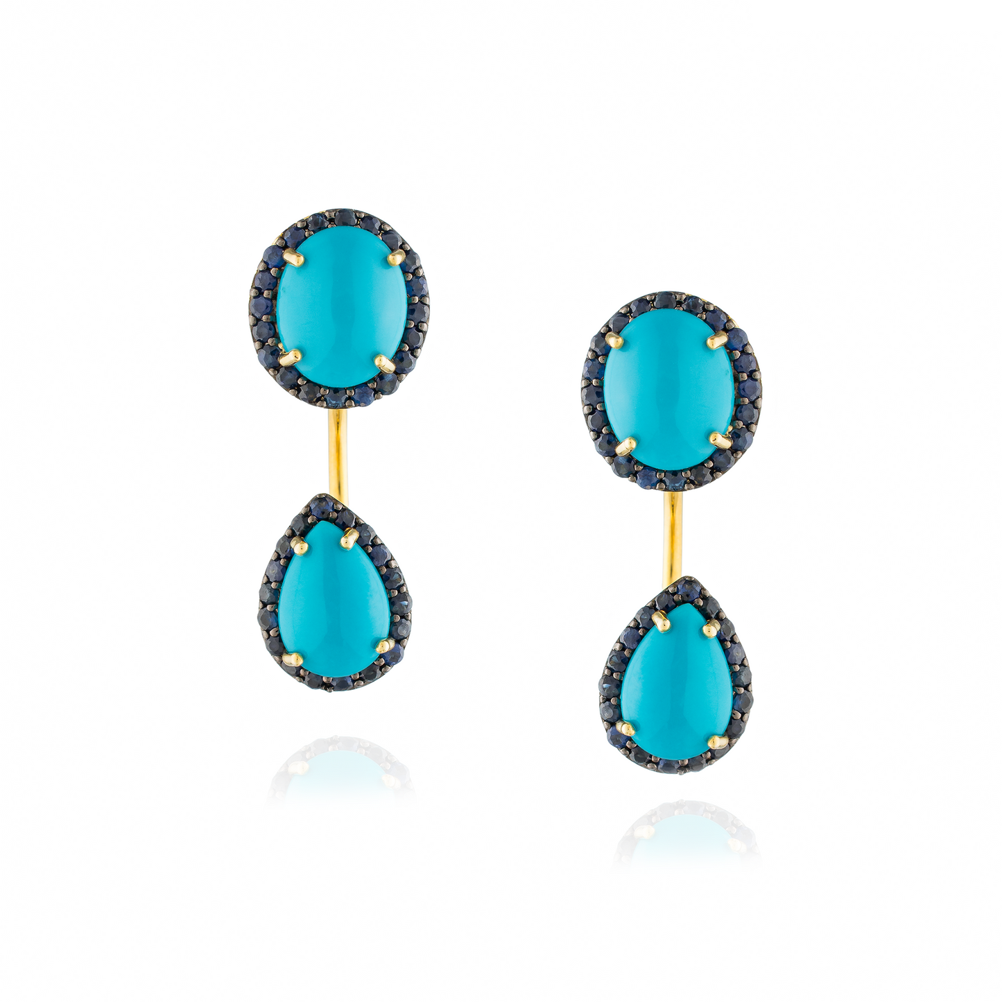 925 Silver Earrings Yellow Gold Plated  with Turquoise Cabouchon with Blue Sapphire