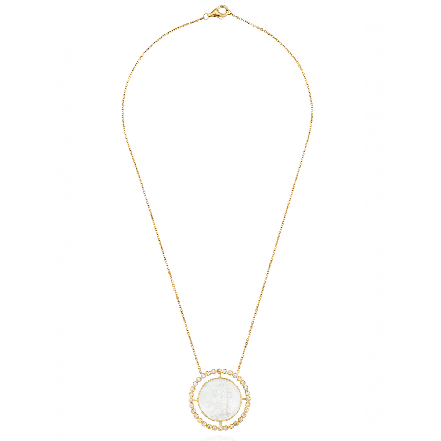 18K Yellow Gold Necklace with "Virgen del Carmen" Mother of pearl & Diamonds
