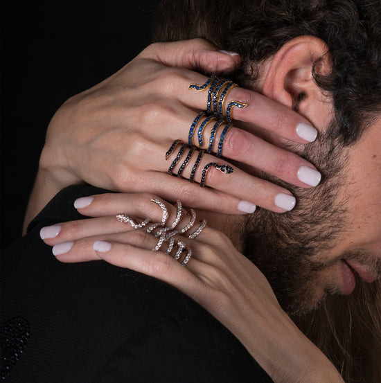 Iconic Snake 18k Rose Gold Ring with Black Sapphires