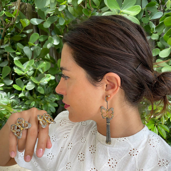 Load image into Gallery viewer, 925 Silver Butterfly Tassel Earrings with Blue Sapphires
