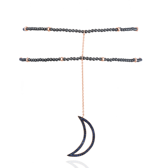 925 Silver Moon Choker plated in 18k Rose Gold with Hematite and Blue Sapphire