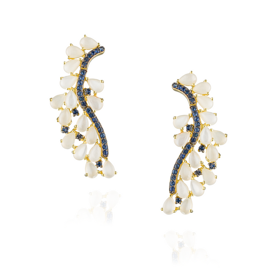 Floret 925 Silver Earrings Yellow Gold Plated with Moonstone and Blue Sapphires