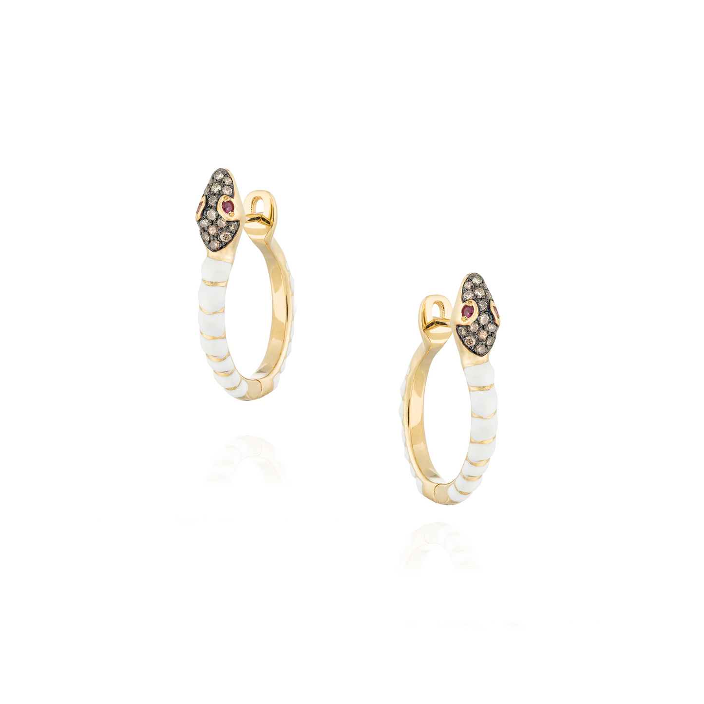 18KT Yellow Gold Earring with White Enamel , Ruby and Diamond