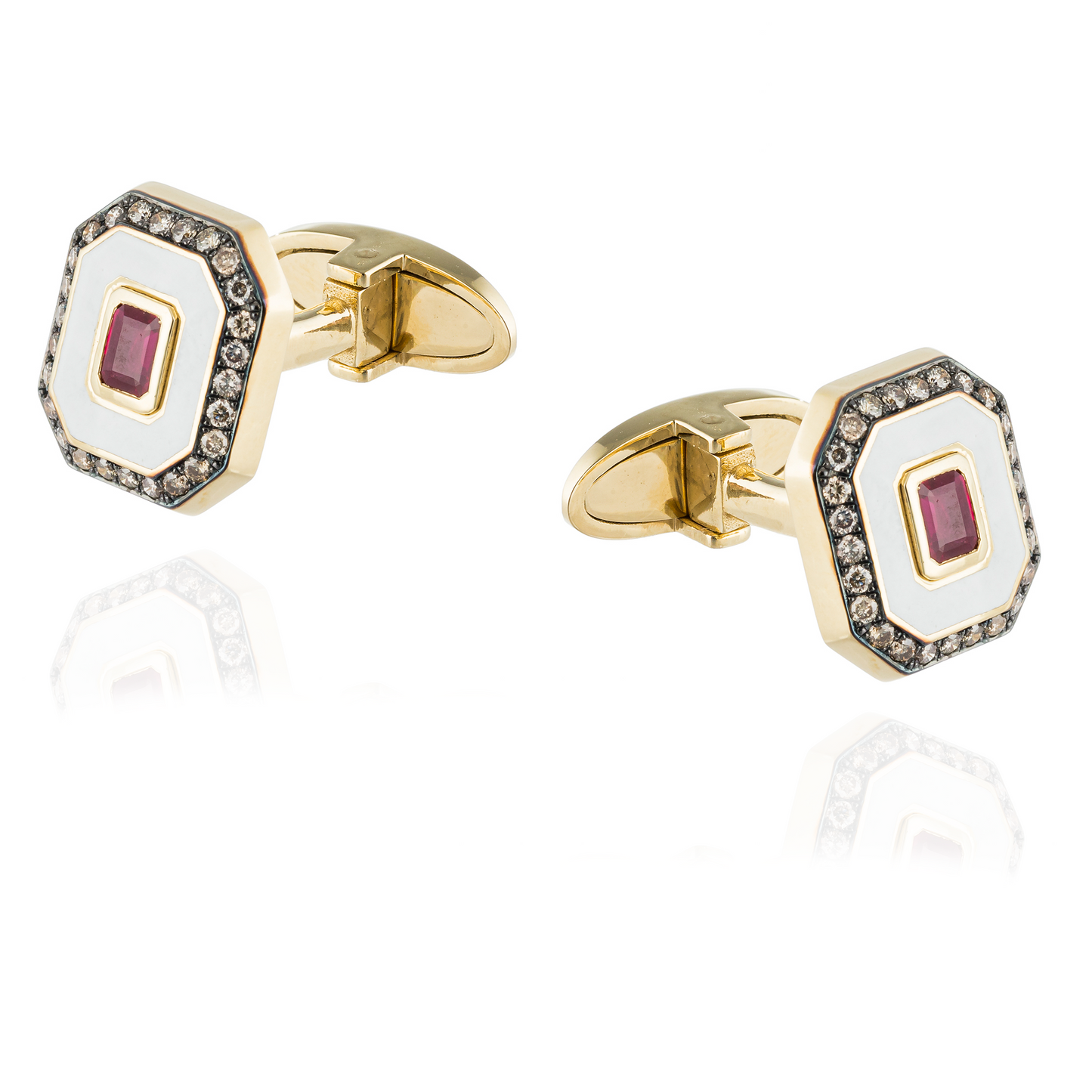 18KT Yellow Gold Cufflinks with White Enamel, Diamonds and Ruby