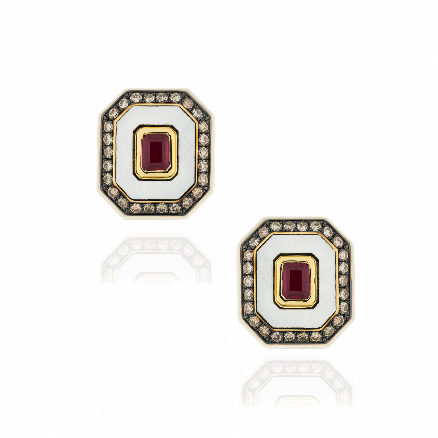 18KT Yellow Gold Cufflinks with White Enamel, Diamonds and Ruby