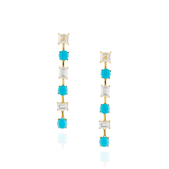 925 Silver Earring Yellow Gold Plated with Turquoise Cabouchon and White Topaz