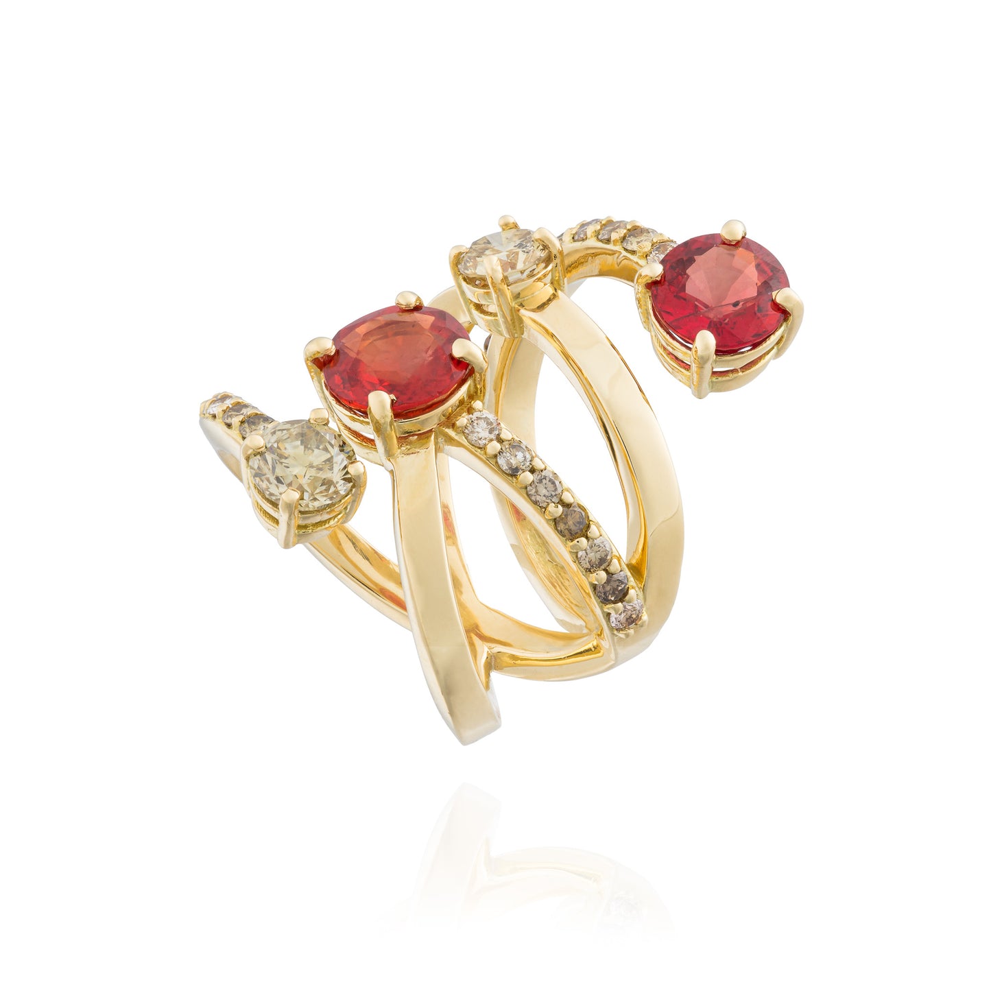 Waterfall 18KT Yellow Gold Ring With Red Sapphires & Cognac Diamonds