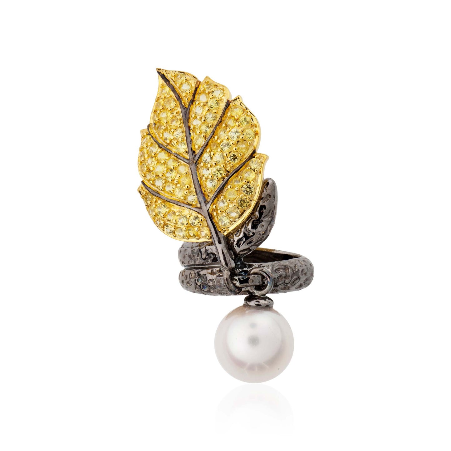 Load image into Gallery viewer, 925 Silver Leaf Ring with Sapphires and Pearl
