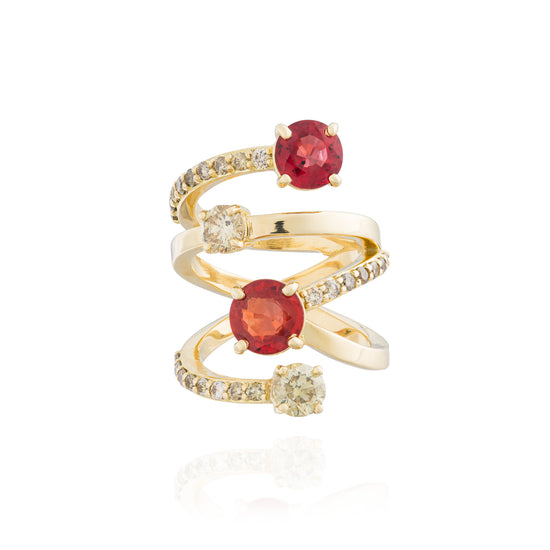 18KT Yellow Gold Ring With Red Sapphires & Cognac Diamonds
